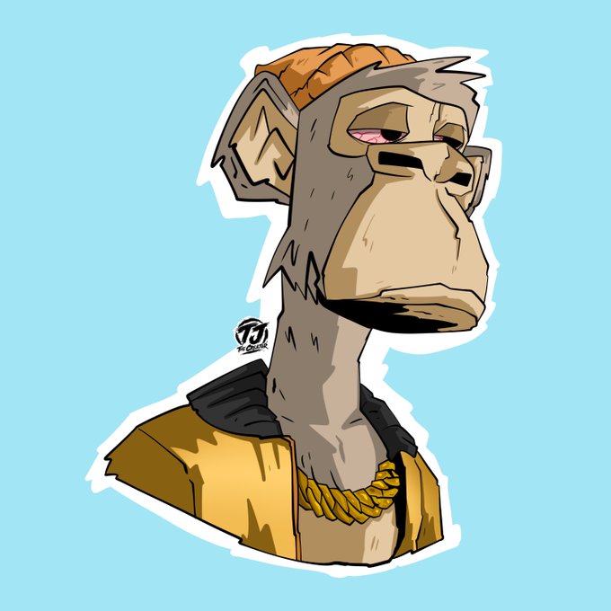 An illustration of a stylized monkey character with a gold chain necklace and a yellow shirt set against a light blue background.