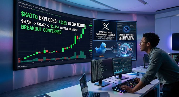 A man works at a multi-monitor trading station displaying a Kaito chart showing "$KAITO EXPLODES: +110% IN ONE MONTH" with "BREAKOUT CONFIRMED" text and references to official data partnerships.