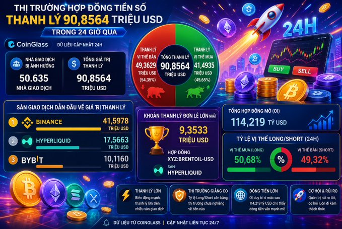 A CoinGlass cryptocurrency market infographic in Vietnamese showing 24-hour liquidations totaling $90.8564 billion USD, with Binance leading at $41.5978 billion and Hyperliquid's XYZ-BRENTOIL-USD as the largest single liquidation.