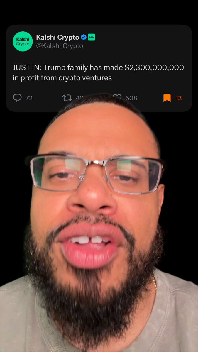 The image features a man with glasses wearing a beard, who appears to be making a funny face or expression as he looks at the camera. The caption of the image includes some text about Trump's cryptocurrency and mentions that Arthur and CZ are involved in the process. The post also references the Trump account, which is known for its controversial views on various topics.