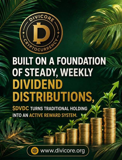 An advertisement for 'DIVICORE CRYPTOCURRENCY' featuring the Divicore logo, text about 'STEADY, WEEKLY DIVIDEND DISTRIBUTIONS', and an image of coins with growing plants, linking to www.divicore.org.