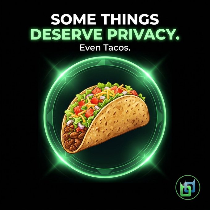 An advertisement with the text 'SOME THINGS DESERVE PRIVACY. Even Tacos.' featuring a taco illustration surrounded by a glowing green circular emblem.
