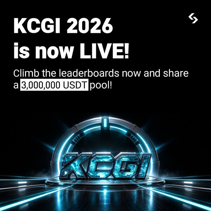 A promotional graphic announcing 'KCGI 2026 is now LIVE! Climb the leaderboards now and share a 3,000,000 USDT pool!' featuring a glowing blue neon logo.