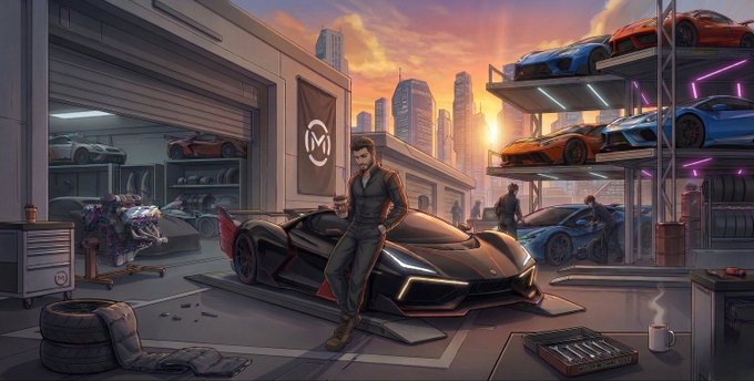 A man leans against a sleek black Lamborghini in a high-tech garage filled with luxury sports cars and tools, with a cyberpunk city skyline and an "M" logo banner in the background. The futuristic scene visually echoes the post's message about digital cars being more than just JPEGs, evoking the immersive world of the Motorverse at motorverse.com.