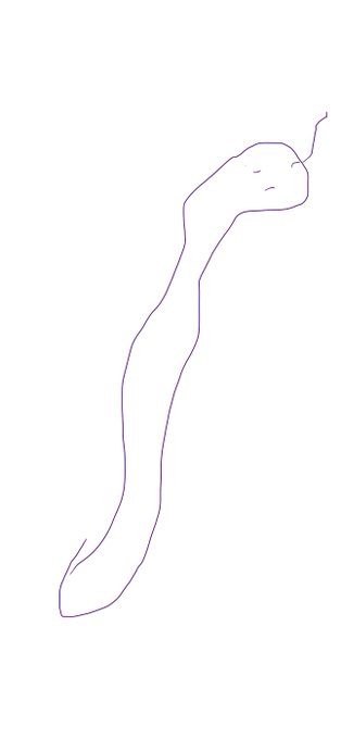 A minimalist, hand-drawn sketch of a snake's head and upper body in thin dark purple lines on a white background.