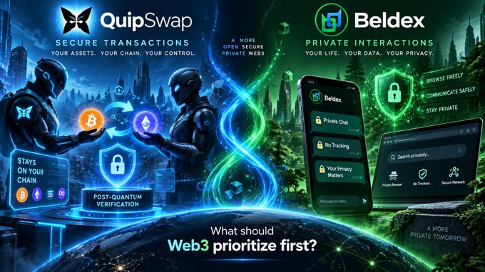 A promotional graphic for QuipSwap and Beldex showcasing Web3 services, featuring the text 'QuipSwap: Secure Transactions, Your Assets. Your Chain. Your Control.' and 'Beldex: Private Interactions, Your Life. Your Data. Your Privacy.' with the question 'What should Web3 prioritize first?'