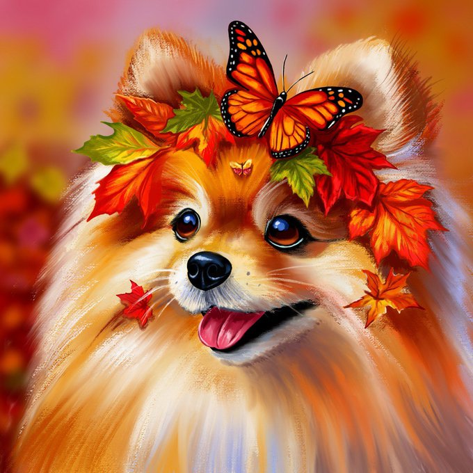 A digital painting of a fluffy orange and white dog wearing a crown of autumn leaves, with a monarch butterfly perched on its head against a warm, colorful background.