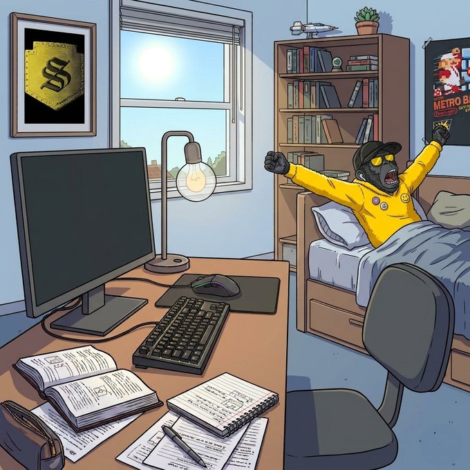 A cartoon illustration of a bedroom with a character wearing yellow and a mask excitedly jumping out of bed while a computer desk sits in the foreground.