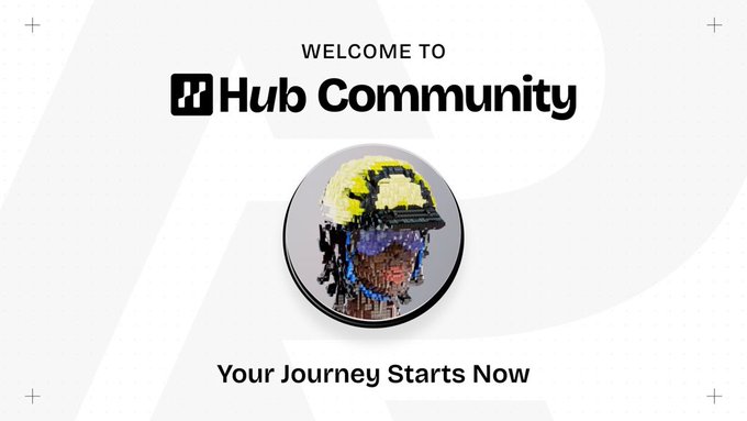 A welcome screen reads "WELCOME TO Hub Community" with a pixel-art avatar of a person wearing a hat and sunglasses, and the text "Your Journey Starts Now" below.
