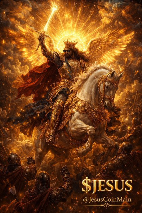 An illustration of a crowned, armored angelic figure riding a white horse and wielding a sword, with text reading '$JESUS @JesusCoinMain'.
