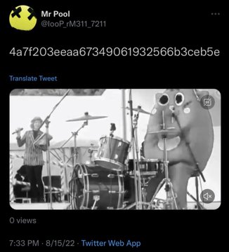 A Twitter post screenshot from user "Mr Pool" (@looPrM311_7211) showing a black-and-white video of a person playing drums next to a cartoon figure on a drum kit.