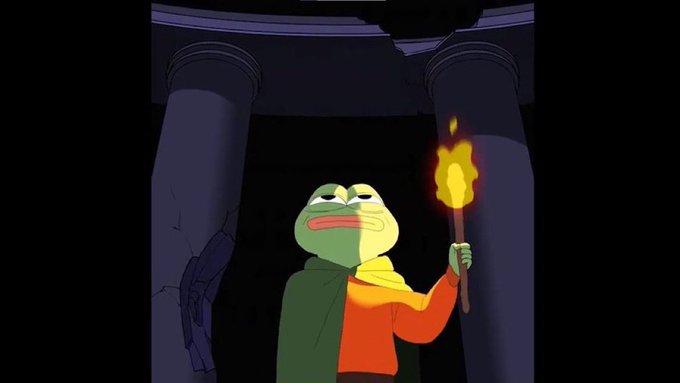 A cartoon image of Pepe the Frog wearing a cloak and holding a lit torch, standing between dark stone columns in a stylized animated scene.
