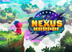 The image displays the logo for "NEXUS KEEPER" in bold yellow and white letters, set against a colorful fantasy game background featuring floating islands and a small red character.