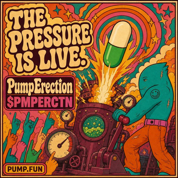 A retro-style psychedelic poster reading 'THE PRESSURE IS LIVE' and 'PumpErection $PMPERCTN' by PUMP.FUN, depicting a shark character operating a machine launching a giant pill.