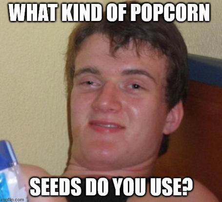 The image is the classic "10 Guy" meme, featuring a young man with a smug, half-smiling expression. The top text reads "WHAT KIND OF POPCORN" and the bottom text reads "SEEDS DO YOU USE?"

The meme humorously ties to the post by mocking the vague, secretive tone of financial "guru" posts that tease insider knowledge without ever actually revealing it—just like this guy is about to drop some meaningless "wisdom" that leads nowhere, rather than providing the actual investment signal being teased.