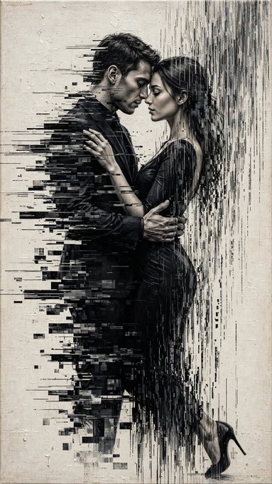 A black and white artistic illustration of a couple in an intimate embrace, with the male figure dissolving into digital glitch patterns and static lines.