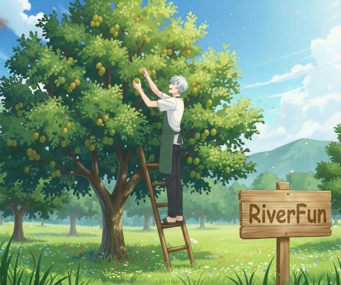 Anime-style illustration of a person with silver hair standing on a wooden ladder, picking green fruit from a large tree, with a wooden sign reading 'RiverFun' in the foreground.