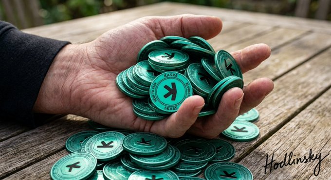 A hand holds a pile of teal Kaspa (KAS) cryptocurrency tokens, with more coins scattered on a wooden surface, visually representing the question of how much $KAS one should own based on age. The "KAS" branding is clearly visible on each coin, tying the imagery directly to the post's inquiry about age-based target holdings.