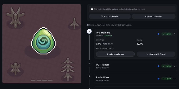 A digital marketplace interface for Ronin showing a pixelated green egg NFT with listings for "Top Trainers" at 0.00 RON and "OG Trainers," indicating tradability on Sep 21, 2026.