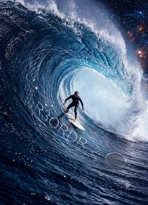 A surfer in a wetsuit carves inside a massive, cosmic blue barrel wave, with the watermark "R3ORDR" prominently displayed across the curl and a smaller "R3ORDR CERTIFIED" seal in the corner—visually capturing the post's theme of the protocol standing out as the "real entity" amid overwhelming cosmic scale.