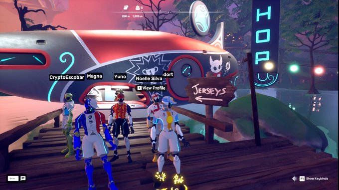 A video game scene showing multiple player avatars (CryptoEscobar, Magna, Yuno, Noelle Silva, dort) standing on a wooden dock near a boat with a 'HOP' sign in the background.