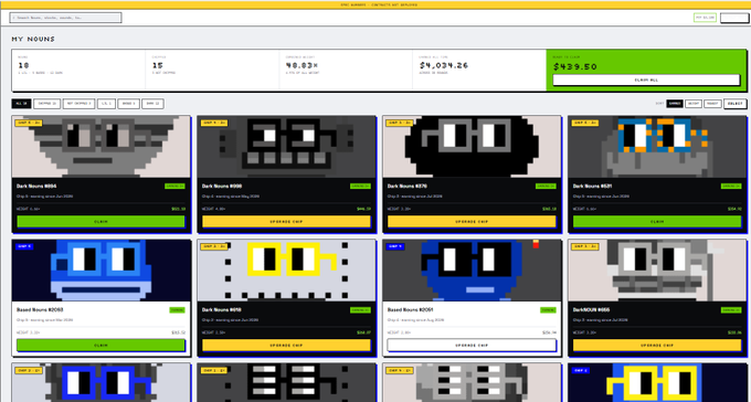A website interface titled "SOCKS - 10000 SOCKS SOLD" displays a "MY NOUNS" section with 10 items, 15 listed, valued at $0.02x totaling $29,034.26 and $1,119.60 claimable, showcasing a grid of pixelated "Sock Nouns NFT" cards in various colors with "CLAIM" and "UPGRADE CARD" buttons. The image relates to the post by visually presenting the "Sock Nouns" collection on Base, reinforcing the author's claim about bringing a project to the Base community as a potential "gift" or trading opportunity.