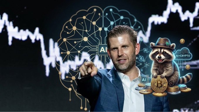 A thumbnail-style image featuring Eric Trump pointing forward, with a stock chart in the background, a brain-AI graphic, and a cartoon raccoon wearing a hat alongside Bitcoin and 'AI=CRYPTO' icons.