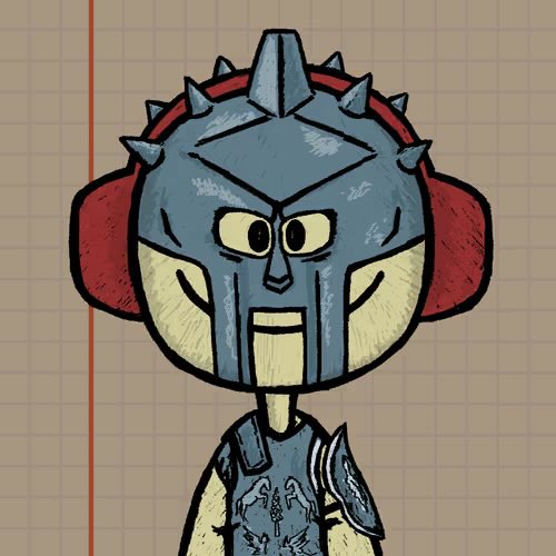A cartoon illustration of a humanoid bee character wearing a spiked blue gladiator-style helmet with red padding, set against a grid-patterned background.
