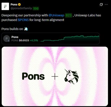 A social media post from Pons (@ponsfamily) announcing Uniswap Labs purchasing $PONS, showing the PONS token price at $0.0523 (+4.21%) and a graphic combining the Pons and Uniswap logos.