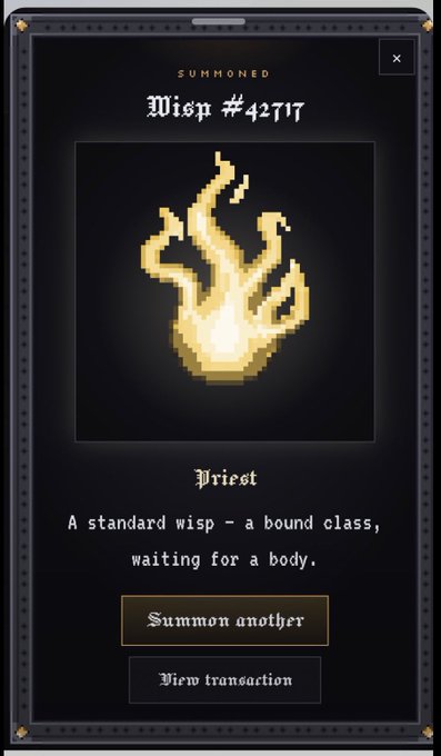 A mobile game interface showing a summoned 'Wisp #42717' displayed as a fiery flame icon, with the description 'Priest - A standard wisp - a bound class, waiting for a body' and buttons to 'Summon another' or 'View transaction.'