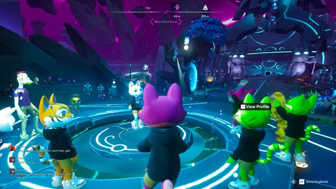 A screenshot from a video game, likely an Among Us-style or similar social deduction game, showing anthropomorphic animal characters in hoodies gathered in a circular neon-lit area with 'Worldstone' displayed at the top.