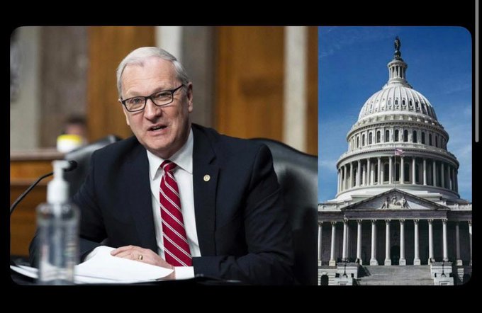 Senator Kevin Cramer in a suit and red tie speaks at a hearing, shown alongside the U.S. Capitol building, illustrating his push for the $30 trillion CLARITY Act to move quickly through Congress.