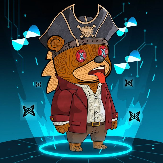 A cartoon illustration of a brown bear wearing a pirate hat with a skull emblem and a red jacket, with X-shaped eyes and tongue sticking out, standing on a glowing blue platform with butterflies around.