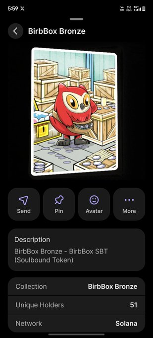 A mobile screenshot of a digital collectible titled "BirbBox Bronze," depicting a cartoon red owl in a warehouse setting, with 51 unique holders on the Solana network.