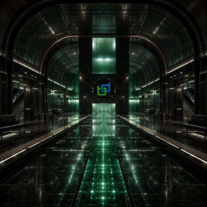 A symmetrical, futuristic hallway with dark marble surfaces reflecting green light, featuring a central logo with blue and green geometric shapes.