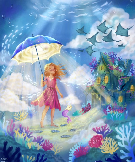 A whimsical digital illustration by Senja shows a blonde girl in a pink dress holding an umbrella underwater, accompanied by a small mermaid, with manta rays swimming above a submerged house surrounded by coral.