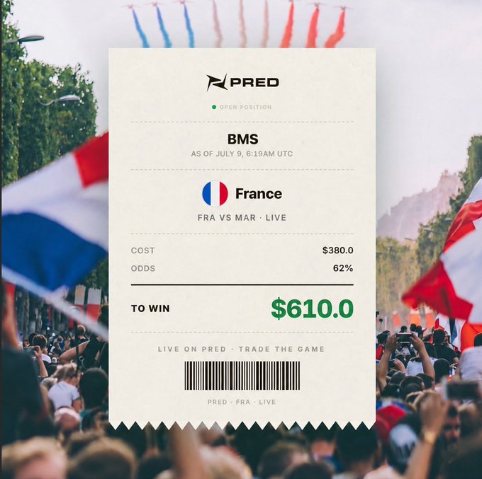 A PRED prediction market receipt for France's BMS at 62% odds shows a $380 bet yielding $610 winnings, set against a backdrop of fans waving French flags—visually reinforcing the post's claim that PRED offers a superior, sports-focused prediction experience compared to Polymarket with zero fees and instant resolution.