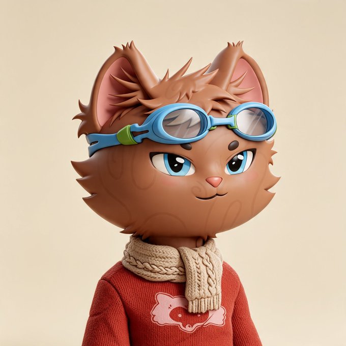 A 3D-rendered brown cat character with blue goggles on its head wears a red sweater featuring a fish graphic and a knitted scarf, set against a cream background—showcasing the new stylized NFT artwork being celebrated.