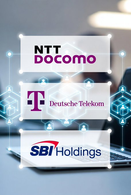 A graphic featuring the logos of NTT Docomo, Deutsche Telekom, and SBI Holdings displayed on interconnected hexagonal panels over a laptop background.