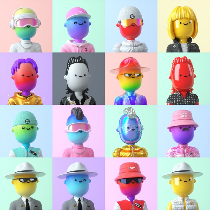 A 4x4 grid of 16 colorful 3D-rendered characters with pastel and gradient backgrounds, featuring various outfits, hats, and accessories including bucket hats, fedoras, visors, and sunglasses, with some wearing "GVC" branded clothing and "spicy" or "send it back" hats. The vibrant, trendy aesthetic and "GVC" branding align with the post's playful hype about scoring an NFT bargain that exudes good vibes.