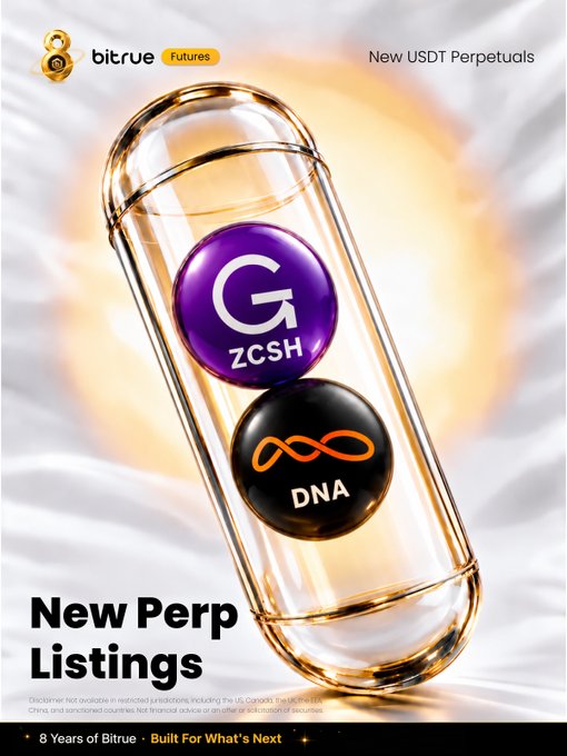 A Bitrue Futures promotional image featuring a glowing glass capsule containing two orbs labeled "ZCSH" (Grayscale's Zcash ETF) and "DNA" (NeoSoul), with text announcing "New Perp Listings" and "New USDT Perpetuals" to highlight the addition of these two trading pairs.
