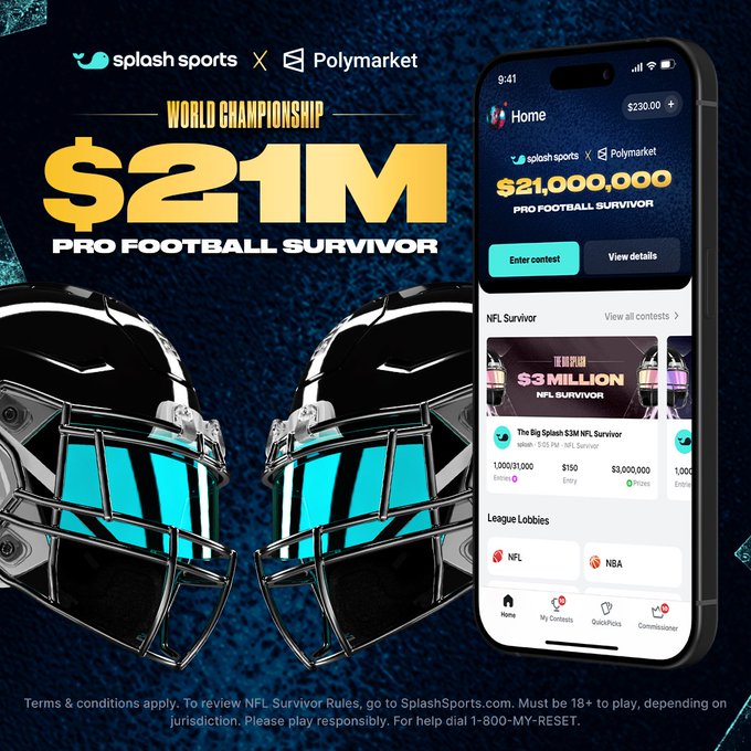 A promotional graphic for the Splash Sports x Polymarket "$21M Pro Football Survivor" World Championship, featuring football helmets and a phone screen displaying contest details like "The Big Splash $3M NFL Survivor" and "League Lobbies."
