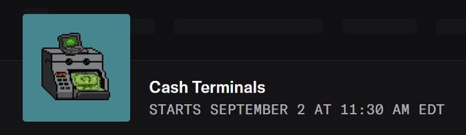A promotional graphic on OpenSea features a pixel-art cash terminal machine against a teal background, with the text "Cash Terminals" and "STARTS SEPTEMBER 2 AT 11:30 AM EDT," announcing an upcoming NFT drop amid the user's "1 hour left" countdown tweet.