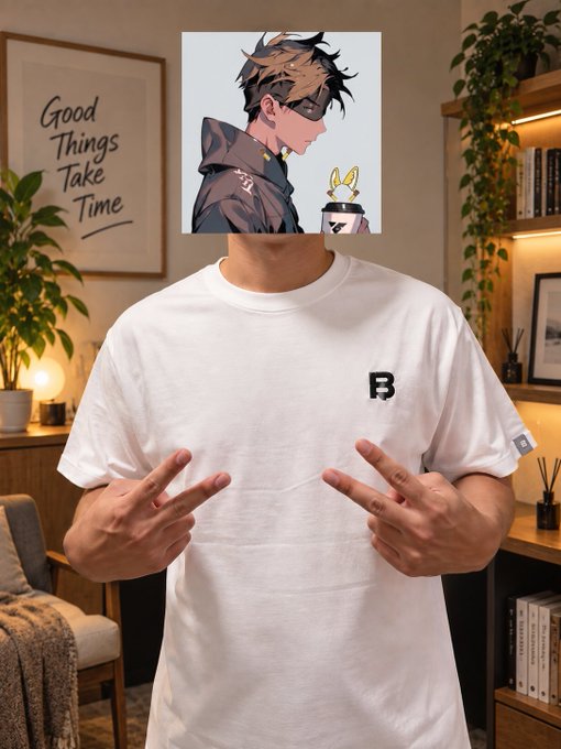 A person in a white t-shirt with a small 'B' logo holds up peace signs, with an anime character face superimposed over their head; a poster reading 'Good Things Take Time' hangs on the wall behind them.