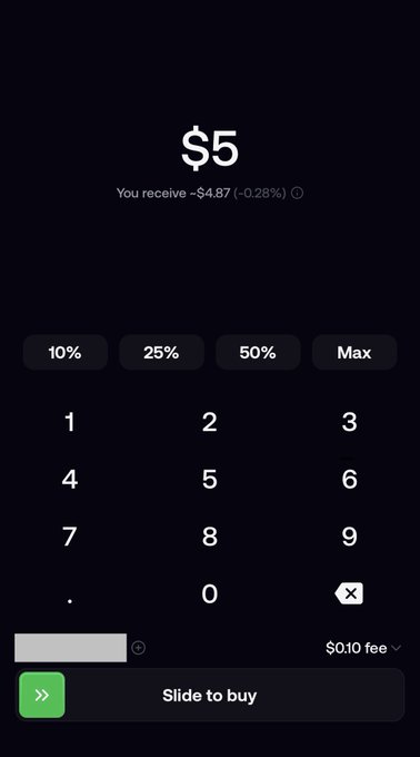 A cryptocurrency purchase screen displays a $5 buy order showing the user will receive ~$4.87 (-0.28%), with a $0.10 fee disclosed, illustrating transparent AMM fee breakdown.