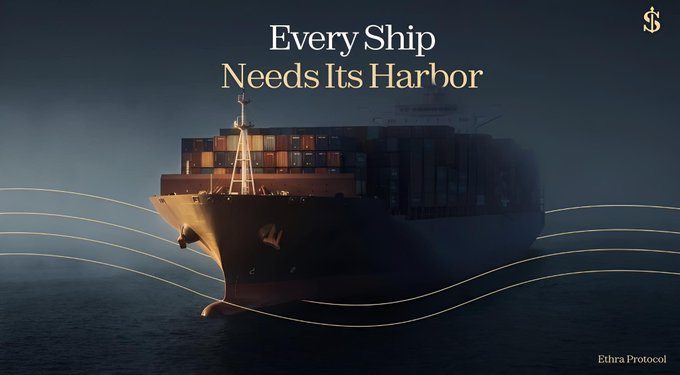 A dark, atmospheric image of a large container ship at sea with the text 'Every Ship Needs Its Harbor' in white, and 'Ethra Protocol' with an 'S' logo in the corner, with flowing golden lines across the dark water.