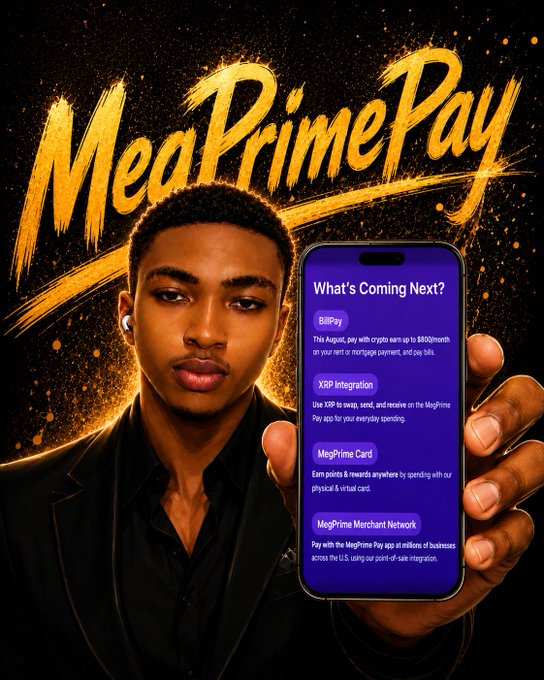 A promotional graphic featuring a young man holding a smartphone displaying 'MegPrime Pay' app features including BillPay, XRP integration, MegPrime Card, and MegPrime Merchant Network.