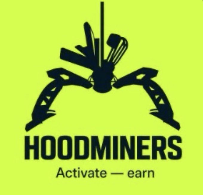 Logo for "HOODMINERS" with tagline "Activate — earn" featuring a black silhouette of mining tools and weapons on a neon yellow background.