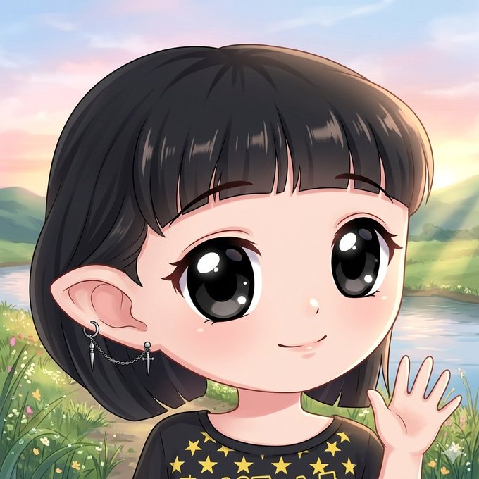 The image features a young girl with black hair, wearing a black shirt with yellow stars. She has her hand raised in a wave gesture, possibly waving at someone or expressing joy. The background of the image shows a beautiful landscape with a river flowing through it, surrounded by grass and flowers. The post caption reads "$supraチェーンが拡大するにつれて、atmosは引き続き Supraをリードしていくと思いますか？ チームが圧倒的に構築していることを考えると". The girl's presence in the image and her waving gesture create a sense of connection or interaction with others, possibly indicating that she is at an event or gathering.