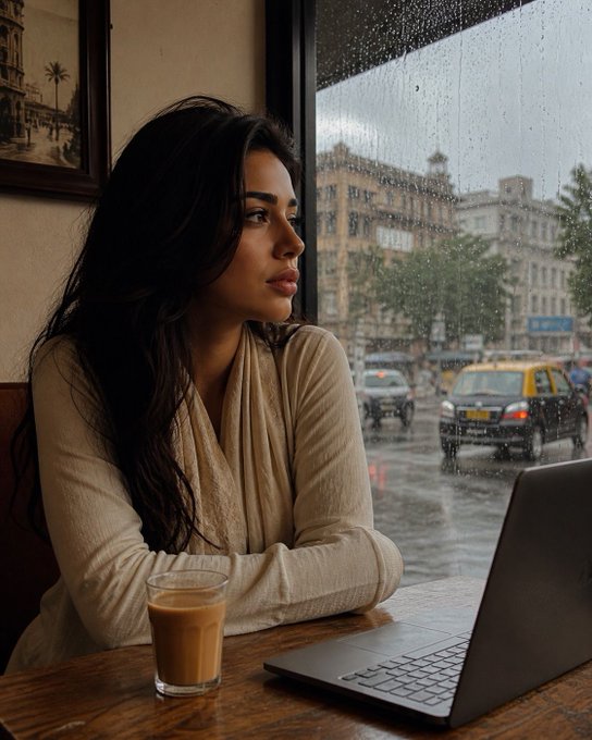 A woman with long dark hair sitting by a rain-streaked window in a cafe, with a glass of coffee and a laptop on the table, looking out at a city street.